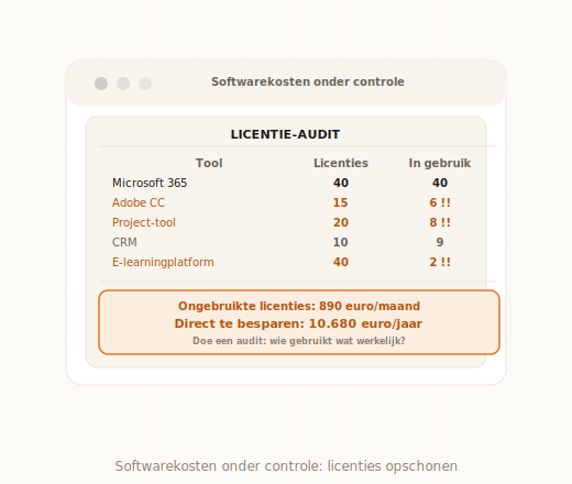 Licentie-audit overzicht met ongebruikte software-abonnementen en besparingen