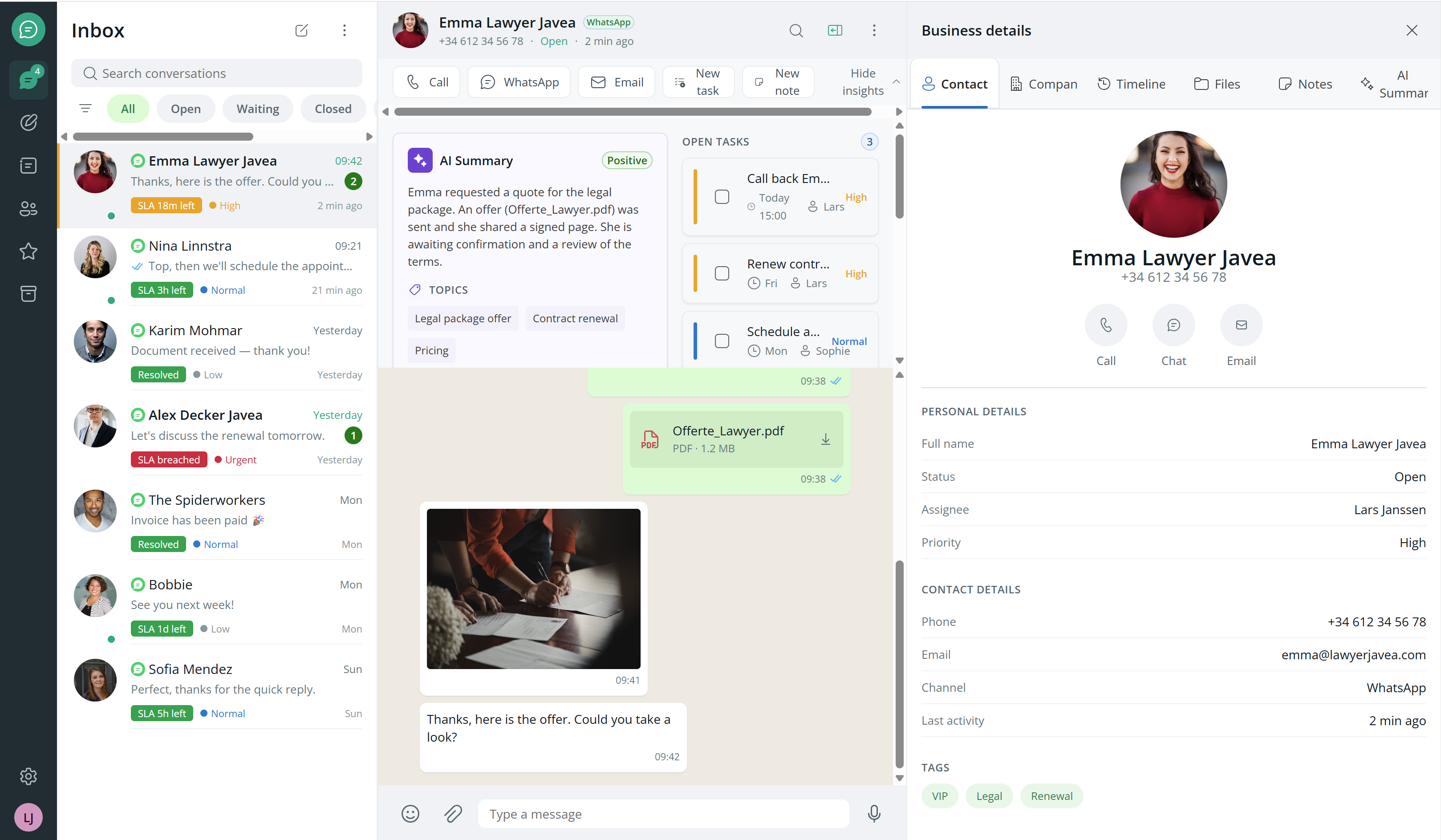 WhatsApp 365 Business Manager inbox met gesprekken, taken en klantgegevens in Microsoft 365